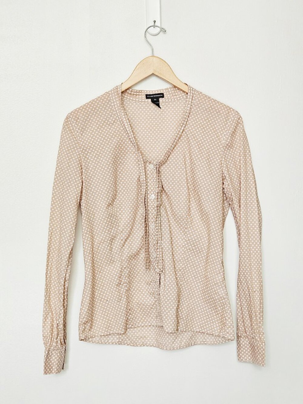 CLUB MONACO cotton blouse beige with white polka dots and tie neck M vintage